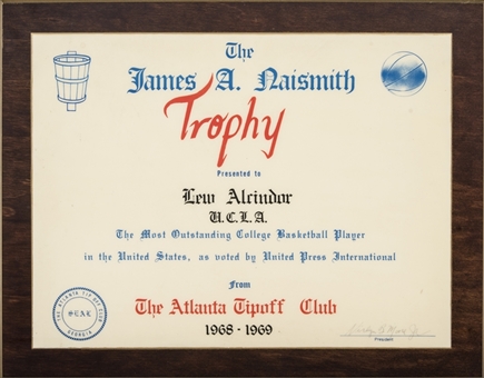 1968-69 James A. Naismith Trophy Award Presented To Lew Alcindor For Most Outstanding College Basketball Player In The US (Abdul-Jabbar LOA)